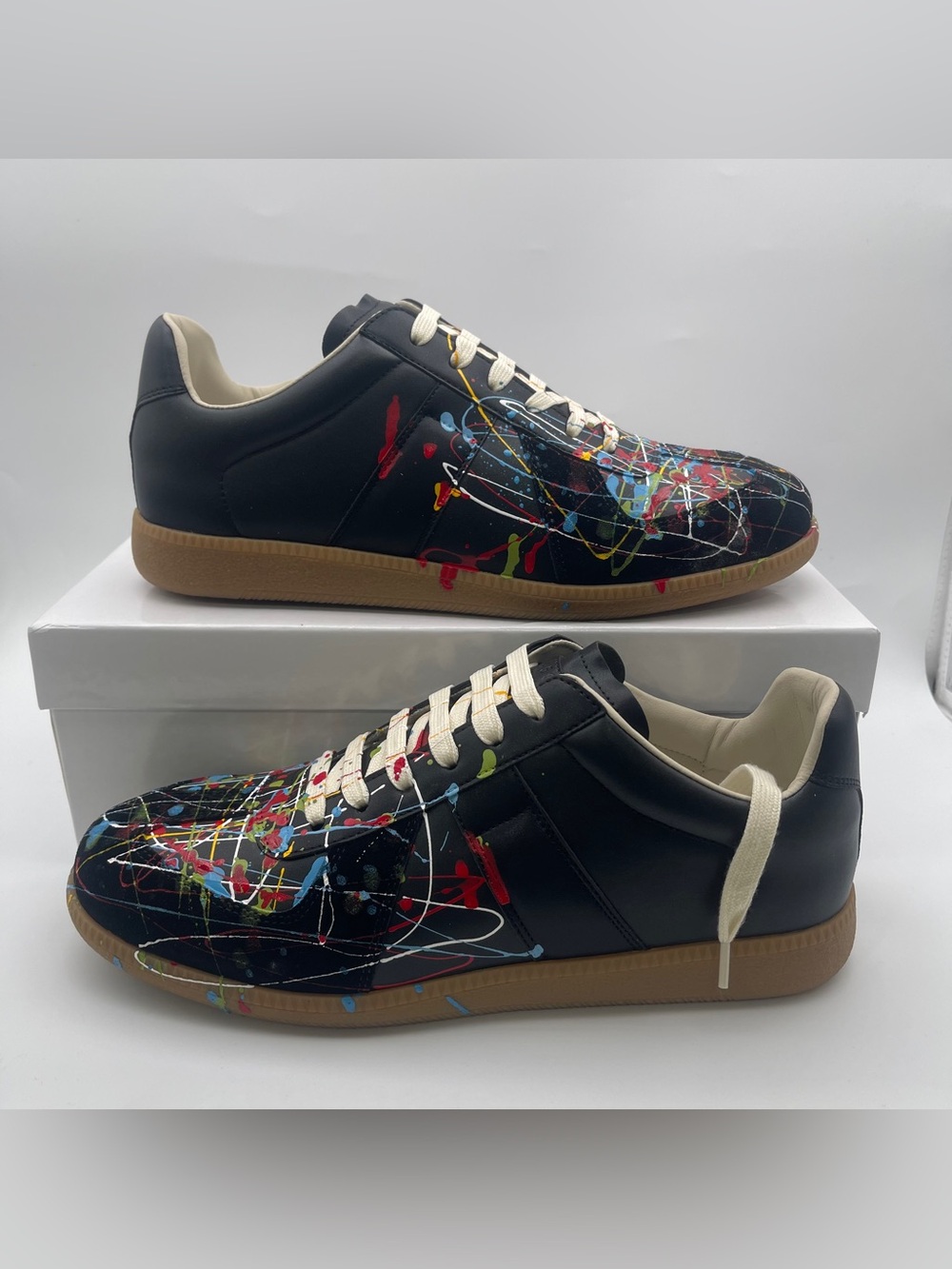 Maison Martin Margiela Black Leather Sneakers with Multicolor Paint-Splash